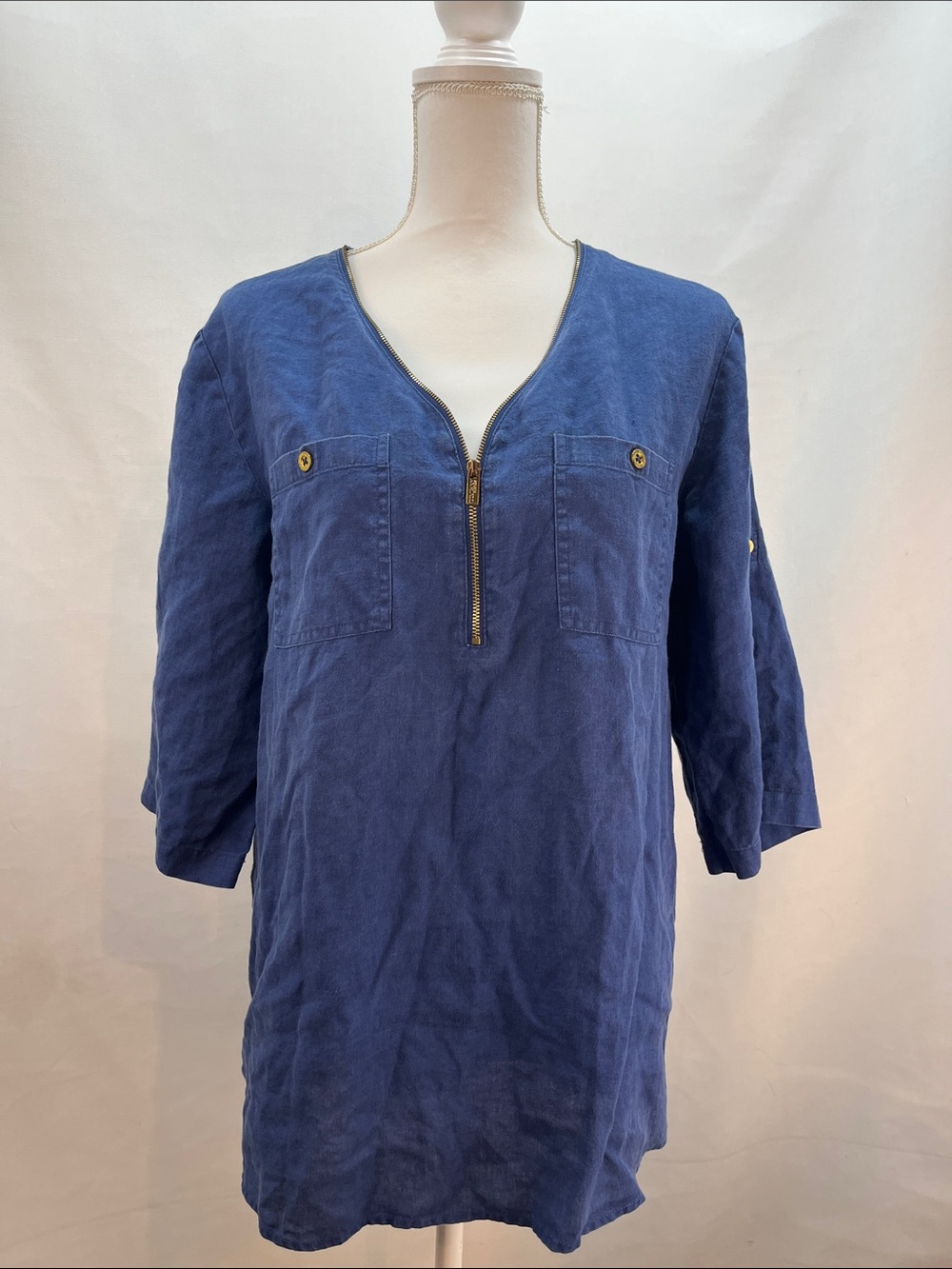 Company Ellen Tracy 100% Linen Zip Front Tunic Blue Size L EUC